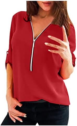 Врвни девојки лето есен долг ракав 2023 Vneck Chiffon zip up обичен бренд блуза маица за жени 9u 9u