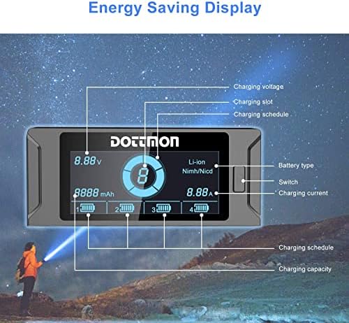 Dottmon LCD 4-BAY Интелигентен универзален полнач за батерии за батерии за полнење на NIMH NICD AA AAA SC C D и Li-Ion батерии 18650 26650 21700