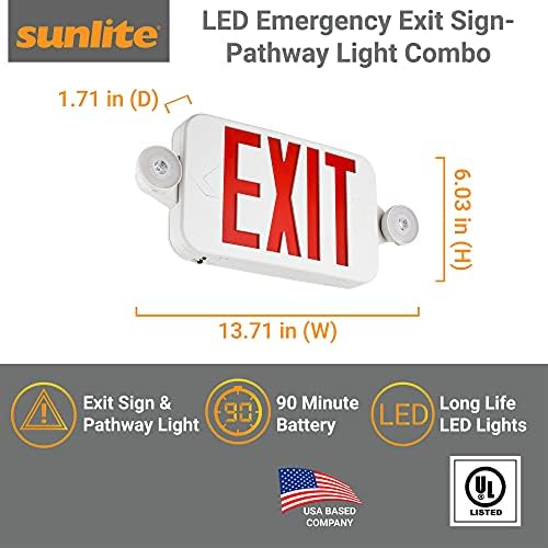 Sunlite 05279 LED Знак За Излез За Итни Случаи Црвено, Двојно Светло со 90-Минутна Резервна Копија На Батеријата, Прилагодливи Светилки