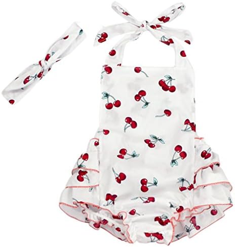 Carkoo Floral Pom Rompers Cherry Baby Girls Sud Sud со лента за глава