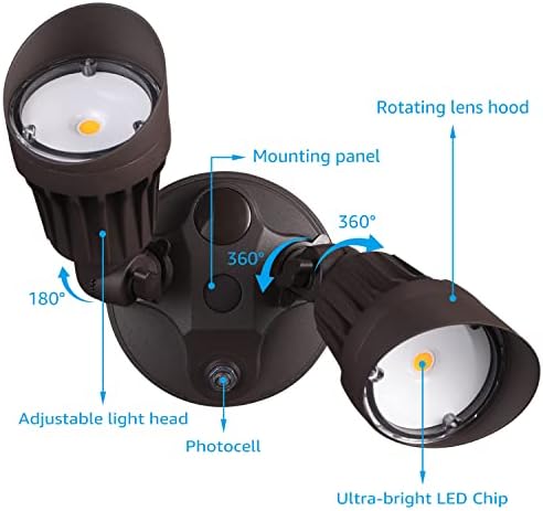 Леонлит самракот до зори LED безбедносни светла, прилагодлива светлина за поплавување со двојна глава на отворено со фотоцел, 20W, влажна локација, наведена ETL, 5000K дне?