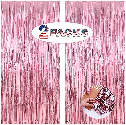 Заднината на позадината на розовата раб за украси за забави -6.5x8.2ft, пакет од 2 | Lilf розови стримици Tinsel Foil завеса за позадини
