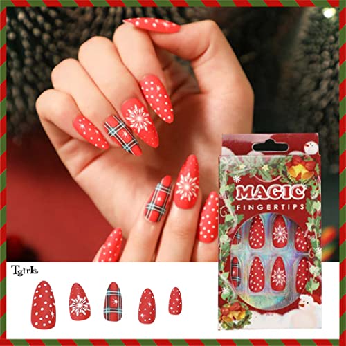 Tgirls Божиќен црвен печат на ноктите мат бадем лажни нокти со средна должина Полка-точка Снегулка дизајн лажни нокти со целосна покривка акрилни нокти за жени и дево?