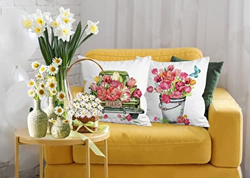 Хексаграм пролетна летна перница ги опфаќа 18x18 сет од 4, розови лалиња цвеќиња декор перници цветни капаци на перници за кауч