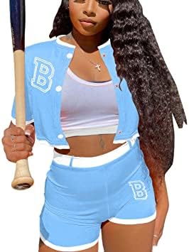 Elainone Womens 2 парчиња облеки за бејзбол варсити за тренерки поставува буква потта со тенок шорцеви за бомбаш јакна патека костум
