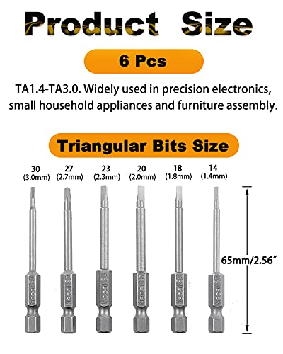 Rocaris 6 пакет 1/4 инчен хексадецимален триаголник на главата, S2 челик шрафцигер за вежбање сет битови TA14, TA18, TA20, TA23, TA27, TA30-65MM