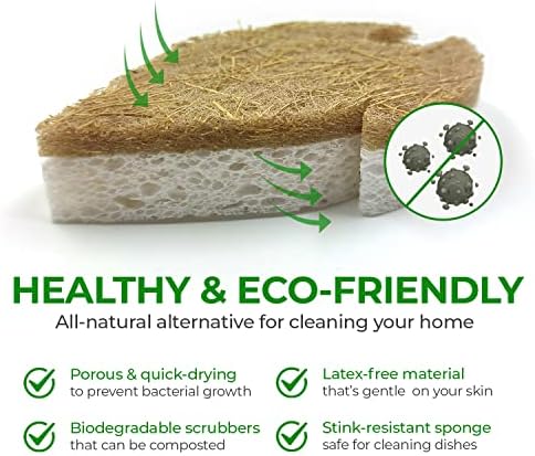Биоразградлива природна кујна сунѓер - компостибилна целулоза и кокос орев сунѓер - пакет од 6 еколошки сунѓери за садови