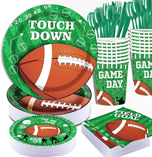 Pammyan 2022 Super Bowl Party Party Setter Set - 25 Поставени сет за чаршафи за вечера за вечера - Допрете ги чашите за салфетки за хартија, зелени пластични вилушки лажици за фудбалска за