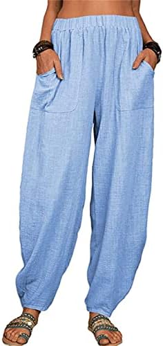 Maiyifu-GJ женски баги постелнина широки панталони за нозе Еластична половината случајна лабава долга панталони со високи половини, панталони