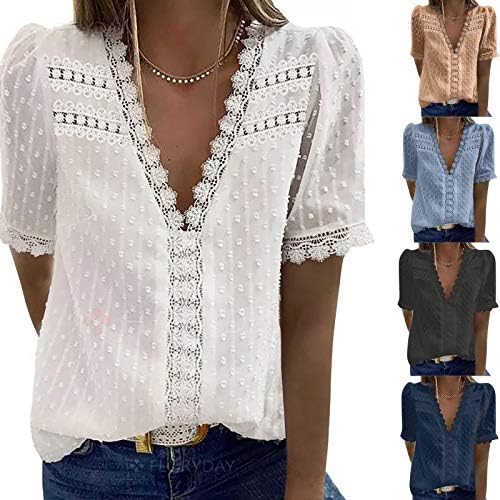 Обични летни врвови за жени со кратки ракави чипка од блуза мода цврста боја маички за гроздобер тунични врвови плус големина