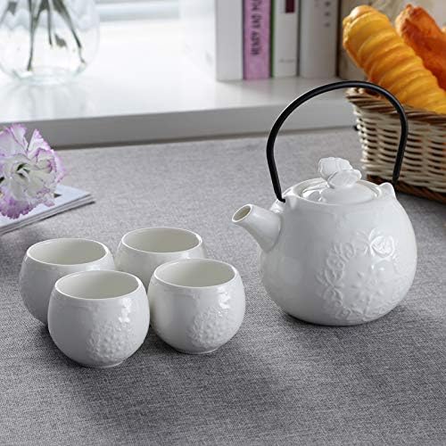Јапонски стил чај сет-бел чаши за чајници, модерен сад за чај од порцелан со 4 чаши со градење во инфузер за лабав чај, за ресторан и домашна