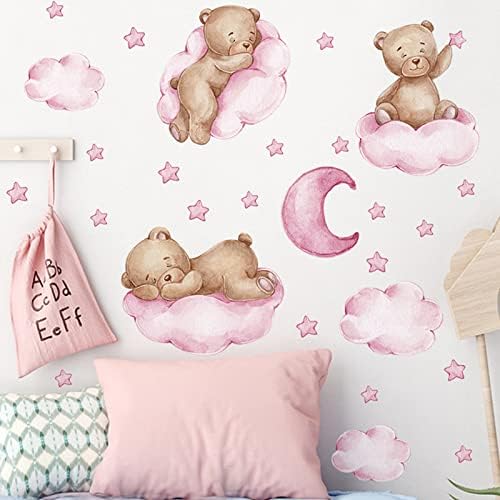Tedyвезди на мечка Месечина на налепници на wallидови од месечина, розови wallидни решенија за расадник детска соба дневна соба украси за спална