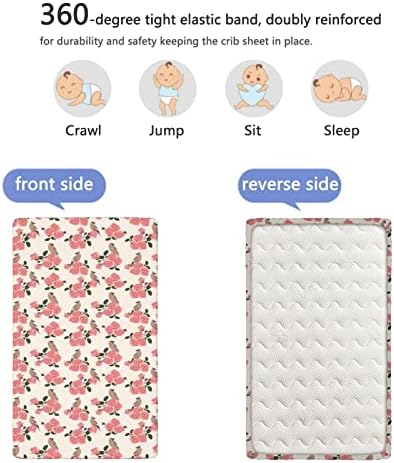 Романтични тематски опремени мини чаршафи, преносни мини креветчиња со меки и затегнати облеки за креветчиња за момче или расадник или расадник, 24 „x38“, сушена роз