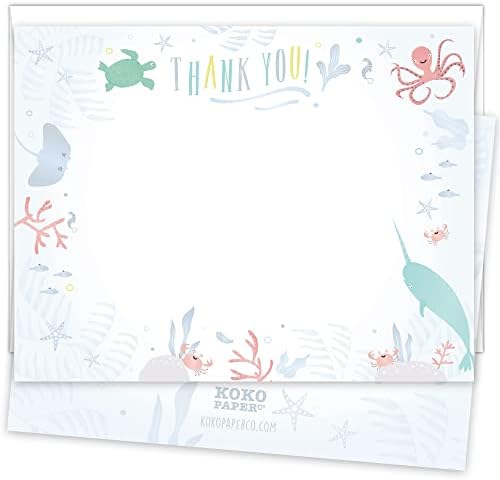 Коко хартија Ко под морските суштества рамни благодарам картички | 25 рамни картички и 25 светли бели коверти | Акции со тешки картички