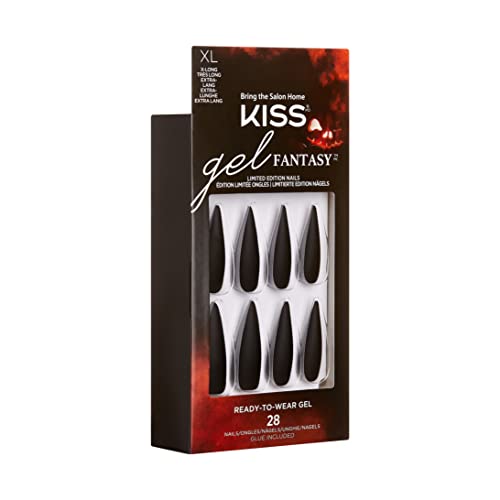 Kiss Gel Fantasy Limited Edition Ноќта на вештерките лажни нокти, подготвени за носење, стил „се осмелуваат“, со лепак за розови гел нокти,