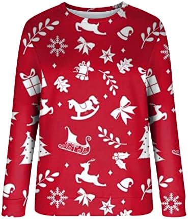 Emените есенски зимски врвови, обични џемпери без качулка, Божиќно печатење со долги ракави, женски преголеми дуксери