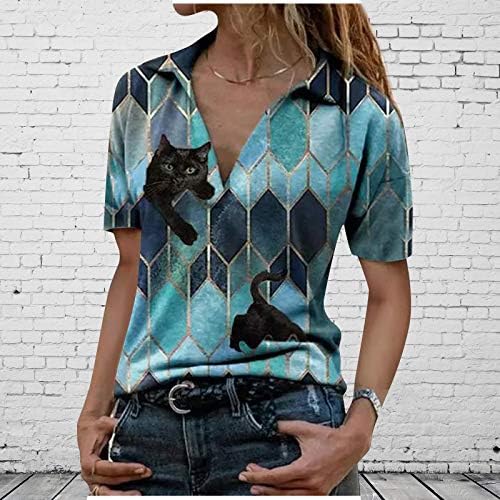 Fragarn летни врвови за жени со ниско сечење на деколте кошула Дијамантска графичка печатење маичка лабава вклопена кратка ракав