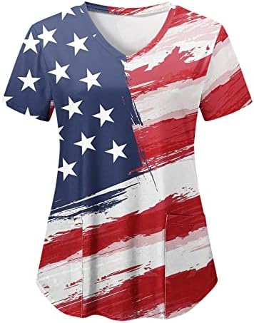 4 јули Кошули За Жени Американско Знаме Летни Маици Со Кратки Ракави Против Вратот со 2 Џебови Блузи Празнична Секојдневна Работна Облека