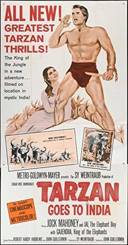 Тарзан оди во Индија, оригиналниот филмски постер на САД, американски три-лист, преклопен во просечна користена состојба ockок Махони Лео Гордон Марк Дана, во режија