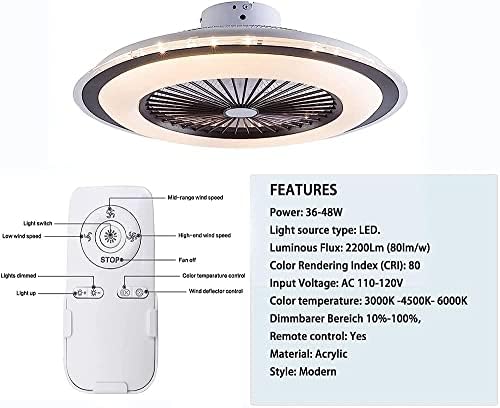Вентилаторот на таванот Cutyz со светла, модерен вентилатор за тркалезно таванот со осветлување и далечински управувач LED тавански