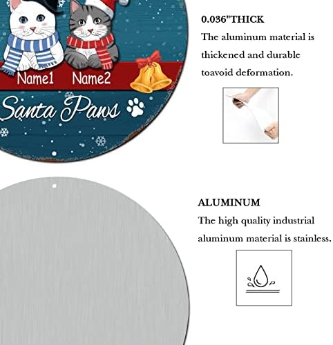 Среќен Божиќен знак сопствено име на мачка тука доаѓа Санта шепа црвена тркалезна метална калај знак Божиќни wallидни украси затворени ретро плакети метални знаци з