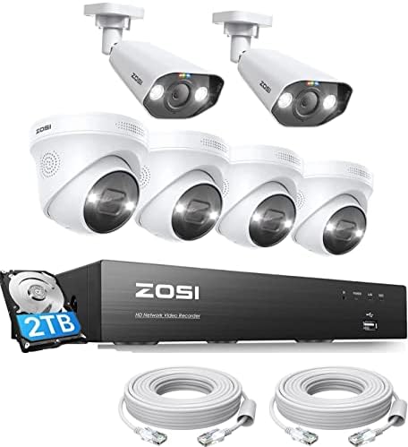 Систем за безбедност на камерата на Зоси 4K 8CH Spotlight POE, 6PCS 4K Wired Внатрешна отворена PO IP камери со двонасочна аудио, ноќно гледање, откривање на човекот, паметен аларм з?