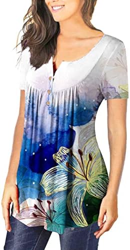Жените 2023 Летни Врвови Кријат Стомачни Блузи Облечени Обични Копчиња Со Кратки Ракави Надолу Хенли Маица Туника за Хеланки
