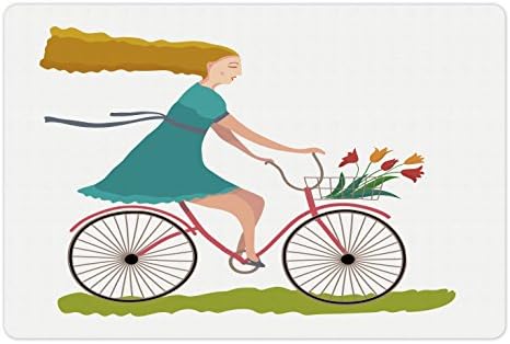 Амбесон Велосипед Миленичиња Мат За Храна И Вода, Млада Жена На Велосипед Со Кошница На Лале Цвеќиња Возење Во Пролетта Село, Правоаголник