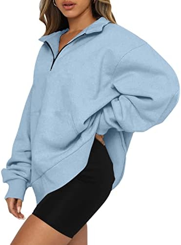 Kuaileya женски пуловер обични преголеми врвови за жени половина поштенски пуловер со долги ракави за џемпери четвртина патент худи