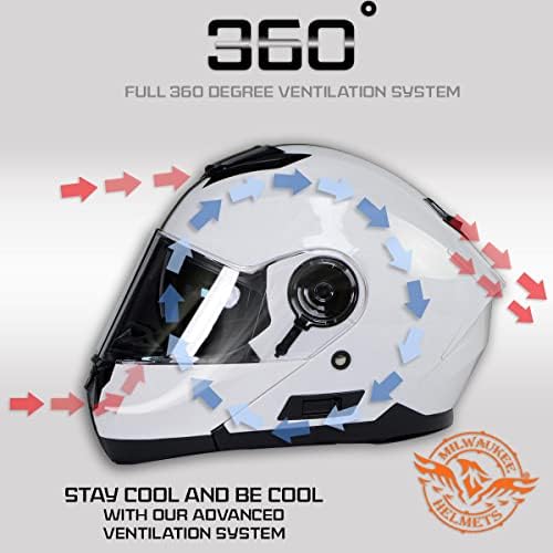 Шлемови на Милвоки MPH9816DOT „ветре“ бела напредна мотоцикл модуларна кацига за мажи и жени велосипедист w/пад на визирот - мал
