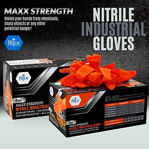 Med Pride Maxx јачина на нитрил Индустриски портокалови нараквици, дебели 8 милји-дијамантска текстура за еднократна употреба, солза, отпорна