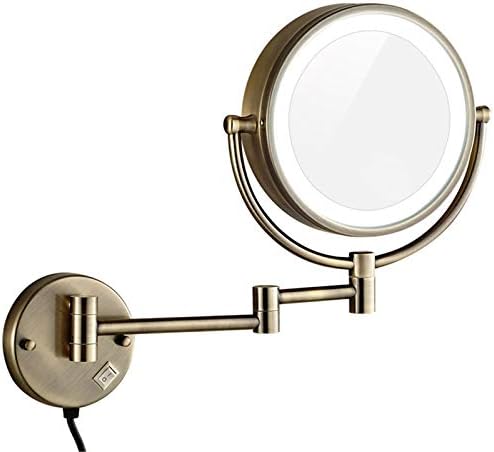 Огледало за шминка монтиран со wallидови, лупа од 8 инчи, двојно осветлено огледало, бања што може да се прошири 360 ° вртење