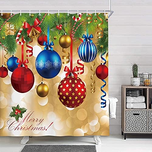 НИМБ Нова Година завеса за бања, шарени божиќни топки висат на бор со лента за Божиќ, полиестерска ткаенина водоотпорна завеса