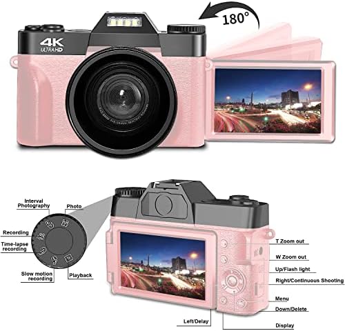 Дигитална камера Acuvar 4K 48MP за фотографија, камера за блогирање на YouTube со 3,0 '' 180 ° Flip екран, WiFi, 16x дигитален зум, широк