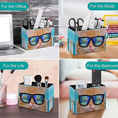 Nudquio мачка облечена во очила за сонце ПУ кожен држач за моливче за далечински управувач Контејнер кутија за домашна канцеларија за домашна канцеларија