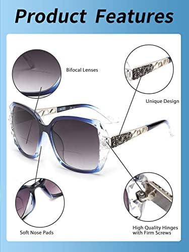 JM Бифокално читање очила за сонце, преголеми очила за читање на сонце за жени УВ заштита на отворено чисто сина боја +1,75