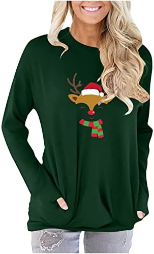 Нарбрг Божиќни врвови за жени џебни кошули Смешно ирваси за печатење џемпер, обична мека туника, врвни буги удобни блузи