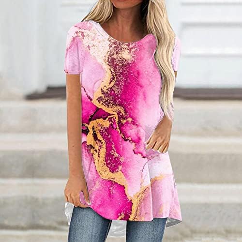 Женски тркалезни блузи модни мермер печатени обични летни летни маички со кратки ракави