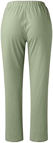 Исечени памучни постелнини каприс панталони за жени летни обични лабави панталони се протегаат цврсти панталони со плажа со џебови