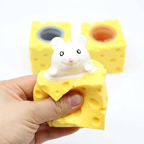 Holgosiu Squishy Cheese Fidget стаорец со сирење од глувче, стискање играчки стаорец во сирење, се појавува со весело строга стрес, играчки