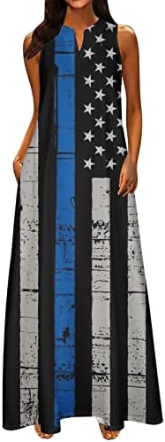HCJKDU жени Денот на независноста фустан Американско знаме за печатење без ракави без ракави со џеб страствен патриотски макси фустан