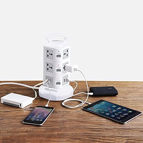 Cujux Tower Power Strip Surge Protector Vertical Multi Sockets Way Универзални места за приклучување приклучок 2 USB 300cm кабел за екстензија