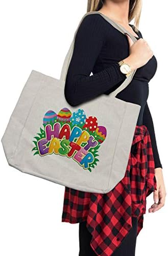 Ambesonne велигденска торба за купување, украсни јајца во стил на цртани филмови со цвеќиња и ленти од полкови, среќни велигденски зборови, еколошка торба за еднократно