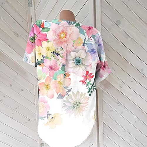 JINF женски копче до врвовите на памук и постелнина, кратки ракави печатени цветни блузи со џебни маици за жени лабави