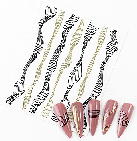 6 налепници за уметност со нокти црна платина сребрена 3Д шарена брановидна линија на ноктите за нокти налепници за нокти погодни за