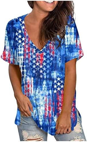 Oclun женски графички маички краток ракав 4 -ти јули патриотски печатен врвен обичен екипаж блуза кошула секси маички кошули
