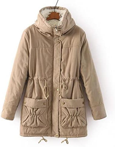 Задебелен палто на жените со средна должина на цврста боја зимско руно наредено столб јака од снег палто за надворешна облека со џебови