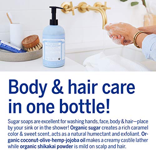 Д -р Бронер - Органски сапун со шеќер - направен со органски масла, шеќер и прав од шикакаи, 4 -во -1 употреба: раце, тело, лице и коса,