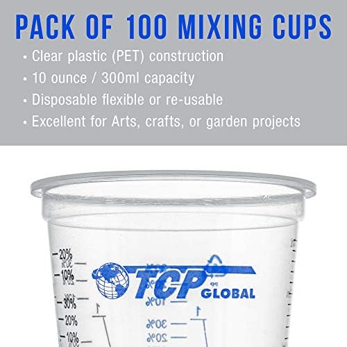 TCP Global 10 унца Флексибилни чисти постепени пластични чаши за мешање - кутија од 100 чаши и 50 стапчиња за мешање - Користете за боја, смола, епоксид, уметност, кујна - мерн?