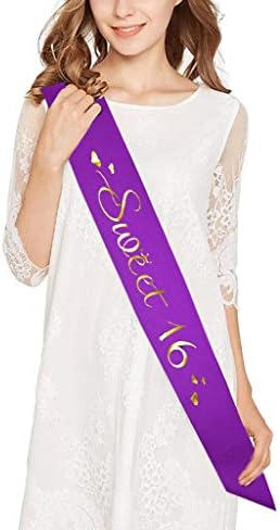 16 -ти роденден Виолетова тијара и појас, виолетова сатен -појас и Кристал Ринестон Роденденска круна за среќна 16 -та роденденска забава, фаворизира украси Подароци ?